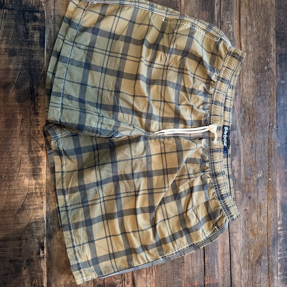Men's Barbour Swim Trunk Shorts Size L Olive Checkered!